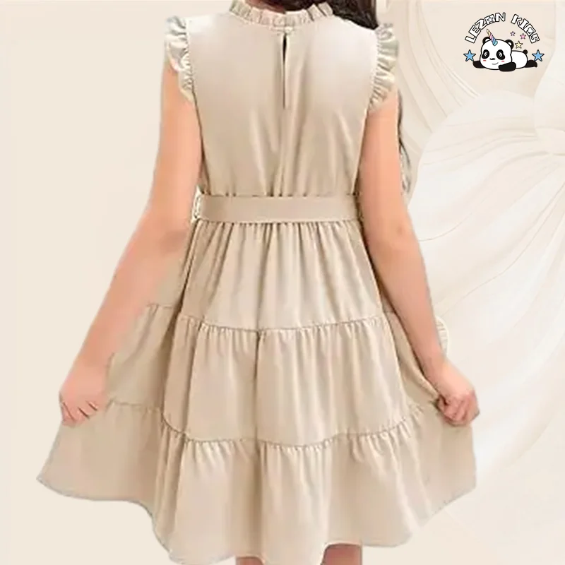LEZONKIDS - 2024 Hot Sale Casual Ruffle Sleeve Plain Tiered Pleated Party Midi Dress with Belt for Girls
